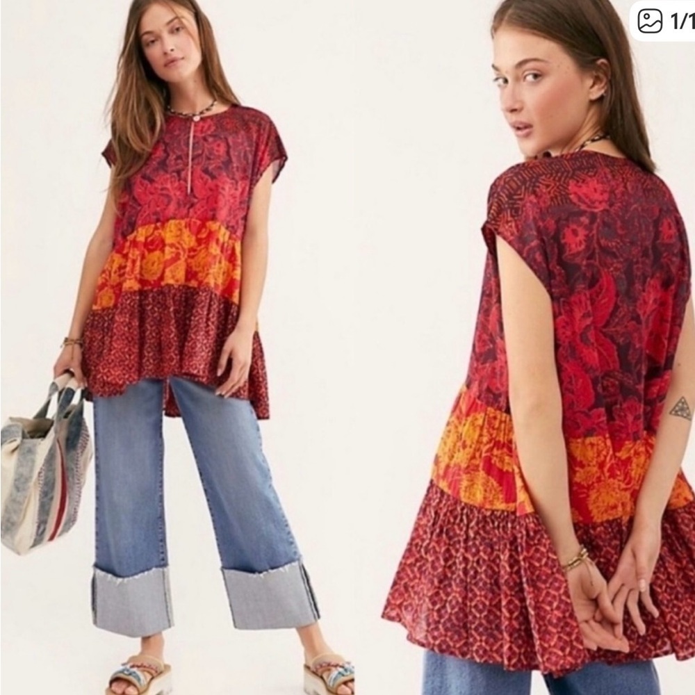 Free People GOTTA HAVE YOU TUNIC boho bohemian blouse size large red print